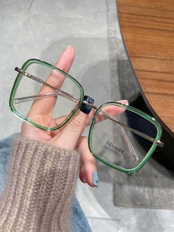 1pair Women Two Tone Square Casual Eyeglasses For Daily Life Clear Glasses Accessories Blue Light Glasses Accessories For Women Green