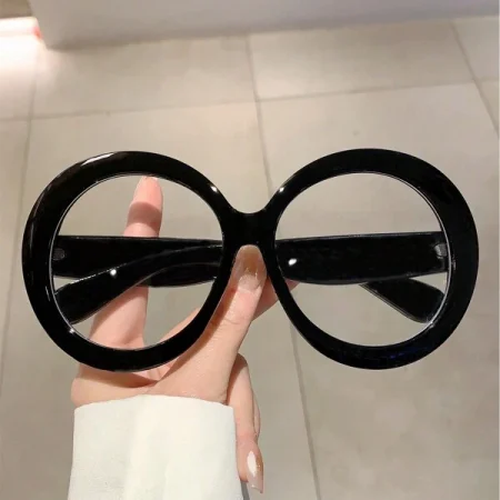 1pc Women's New Fashion Round Oversized Plain Glasses, Trendy Design Decoration Eyeglasses Without Prescription Clear Glasses Accessories Blue Light Glasses Accessories For Women Black