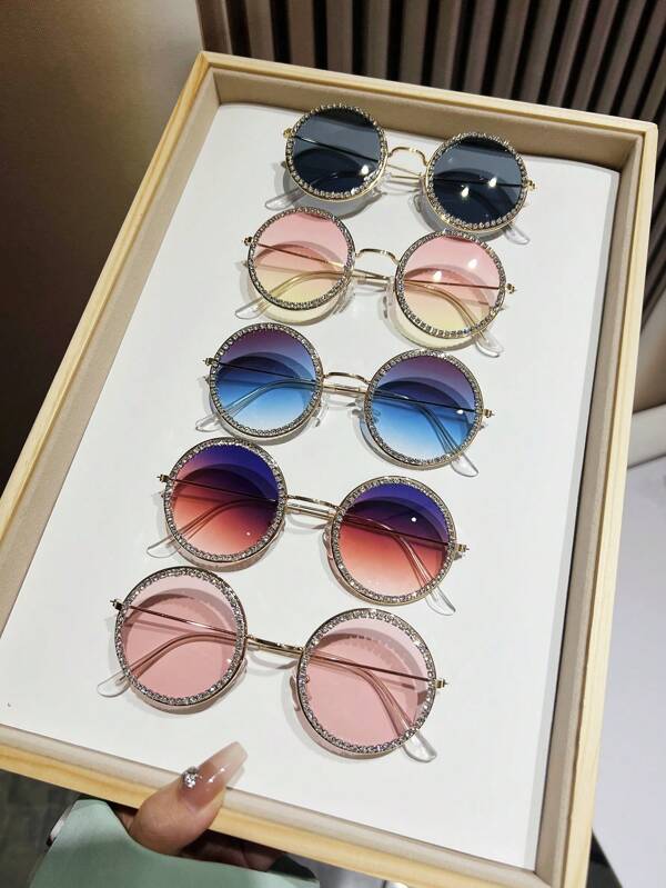 1pc Fashionable Couples' Style Round Metallic Glasses Adorned With Rhinestones For Party And Dancing Shades Beach Accessories Beach Accessories For Women Glasses Shades Gold