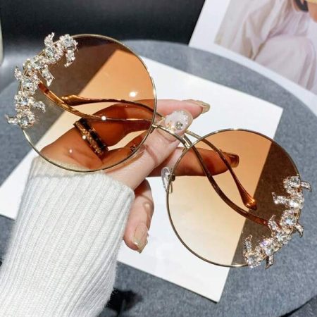 1pc Women Elegant Metal Oversized Round Frame Crystal Rhinestone Y2K Trendy Fashion Glasses For Vacation Party Beach Accessories For Women Glasses Shades Gold