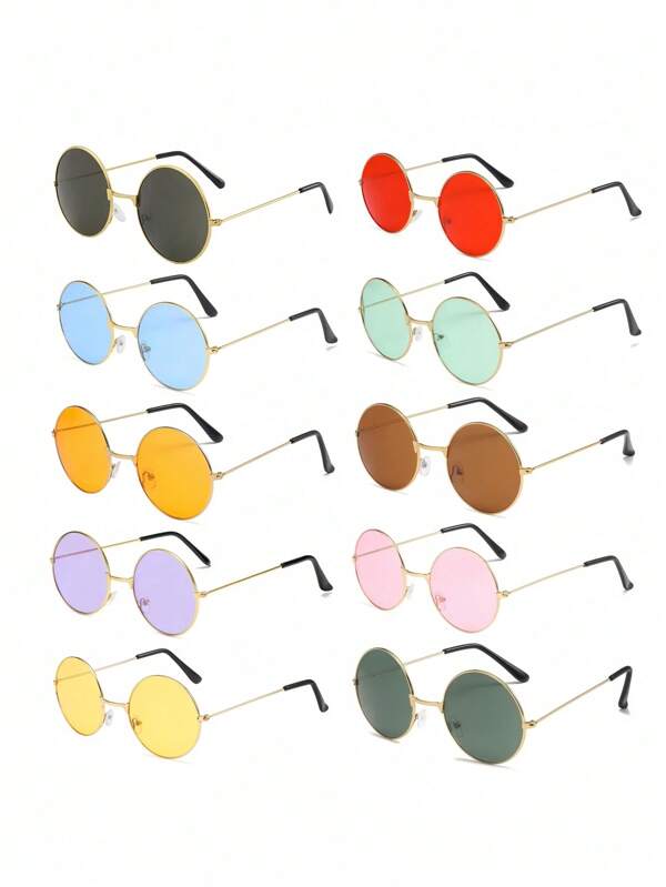 10pcs Multicolor Fashion Round Hippie Sunglasses For Women And Man,Wholesale And Retail, Small Circular Sunglasses, Hippie Headband Disco Party And Beach Parties, Summer Parties, Birthday Parties, Carnival, Fun Activities Or Party Gifts Beach Accessories For Women Glasses Shades 10pcs Multicolor