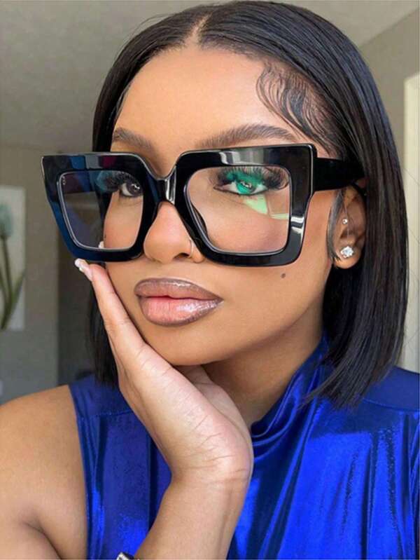 1pc Women Eyeglasses Square Plastic Oversized Frame Wide Legs Versatile Decoration Casual Simple Classic Trendy Fashion Flat Glasses UV400 Suitable For Daily Office Photography Use Clear Glasses Accessories Blue Light Glasses Accessories For Women Black