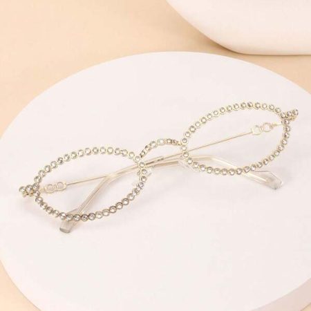 1 Pair Fashion Women Full Rhinestone Oval Frame Retro Flat Lens Glasses With Delicate Leather Case Blue Light Glasses Accessories For Women Multicolor