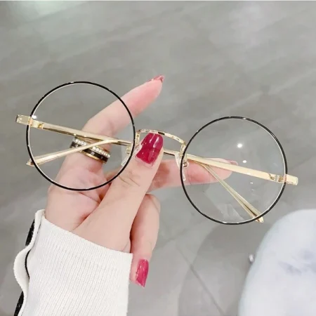 Black & Gold Frame Anti-Blue Light Glasses, Simple Round Metal Frame Anti-Blue Light Lenses, Suitable For Commuting, Going Out, And Matching With Casual Outfits Blue Light Glasses Accessories For Women Black Gold