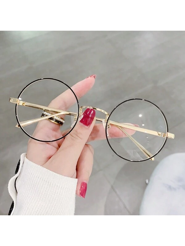 Black & Gold Frame Anti-Blue Light Glasses, Simple Round Metal Frame Anti-Blue Light Lenses, Suitable For Commuting, Going Out, And Matching With Casual Outfits Blue Light Glasses Accessories For Women Black Gold